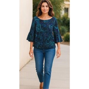 Tiana B. Paisley Velvet Top Blouse‎ Womens M Flared Bell 3/4 Sleeve Whimsigoth
